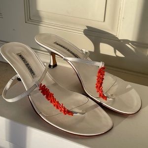 Manolo Blahnik white sandals with coral detail